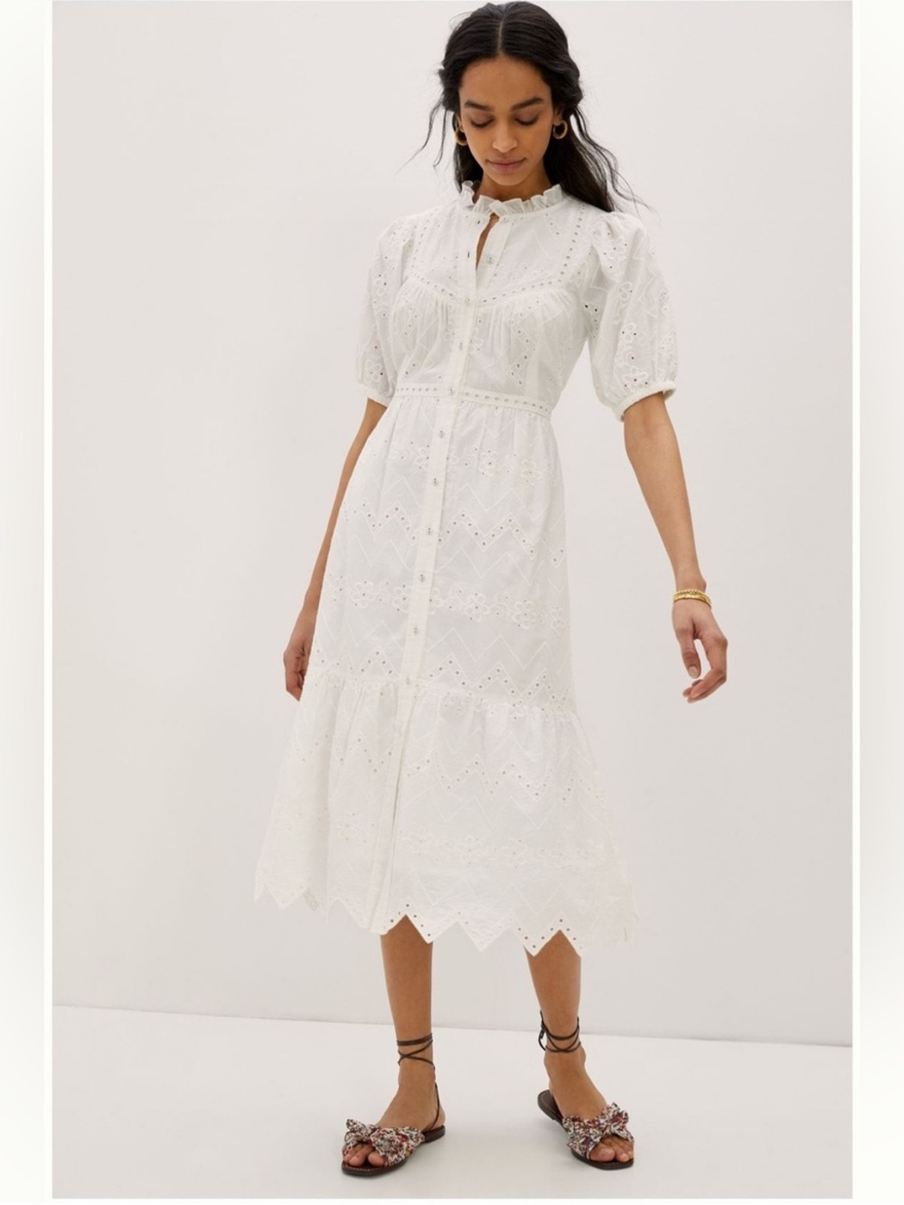 White Eyelet Button-Front Midi Dress with Ruffle Collar